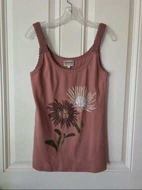 Santiki Rose-Beige Floral Sequin Knit Tank with Crochet Straps